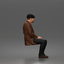 old man sitting calmly in a wheelchair, wearing a coat and a casual outfit