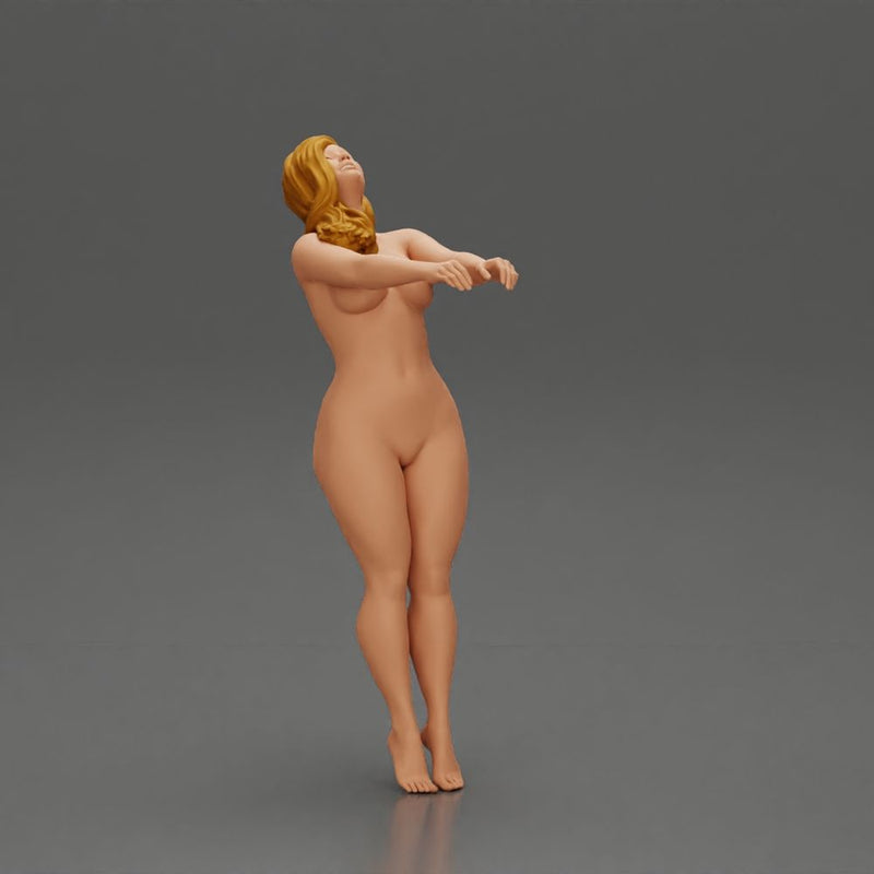 Naked girl leaning back holding hands enjoying a playful dance moment - Only-Games
