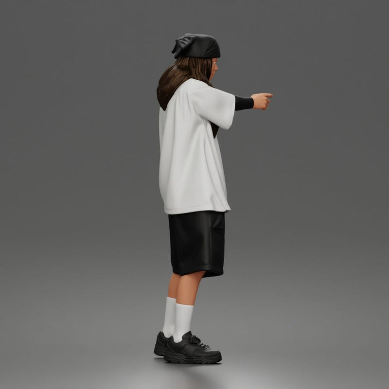 Standing Pointing In Baggy Tee Shorts Long Socks Sneakers Beanie