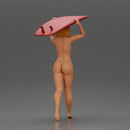 naked woman in carrying a red surfboard on her shoulders - Only-Games