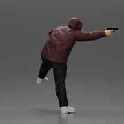 Hooded gangster man sits on motorcycle aiming a pistol with determination - Only-Games