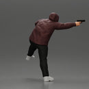 Hooded gangster man sits on motorcycle aiming a pistol with determination - Only-Games