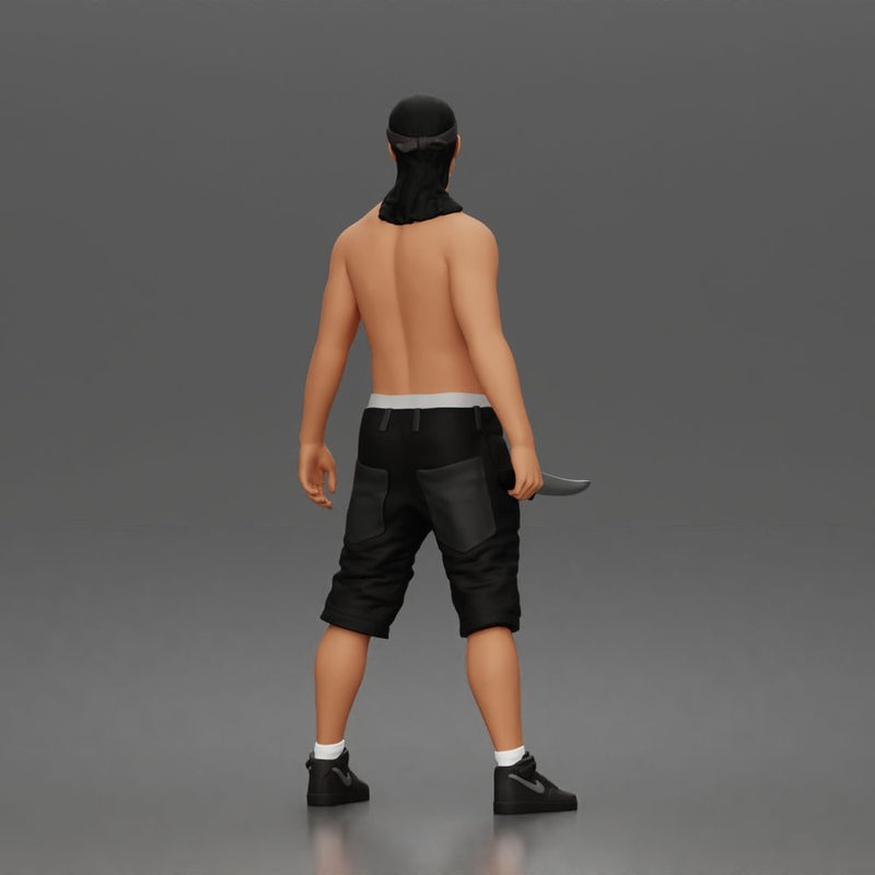 gangster stands holding knife wearing shorts sneakers headband - Only-Games