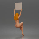 Naked Woman Holding Blank Sign Overhead Seated Pose