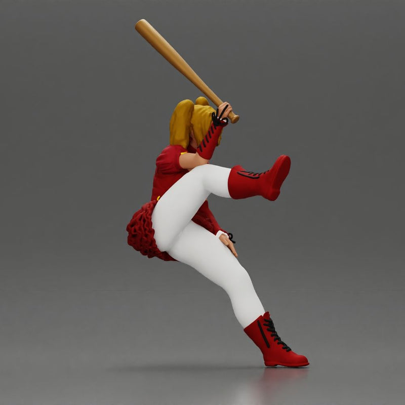 woman in red outfit sitting on a motorcycle holding a baseball bat - Only-Games