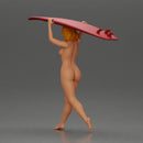 naked woman in carrying a red surfboard on her shoulders - Only-Games