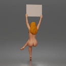 Naked Woman Holding Blank Sign Overhead Seated Pose