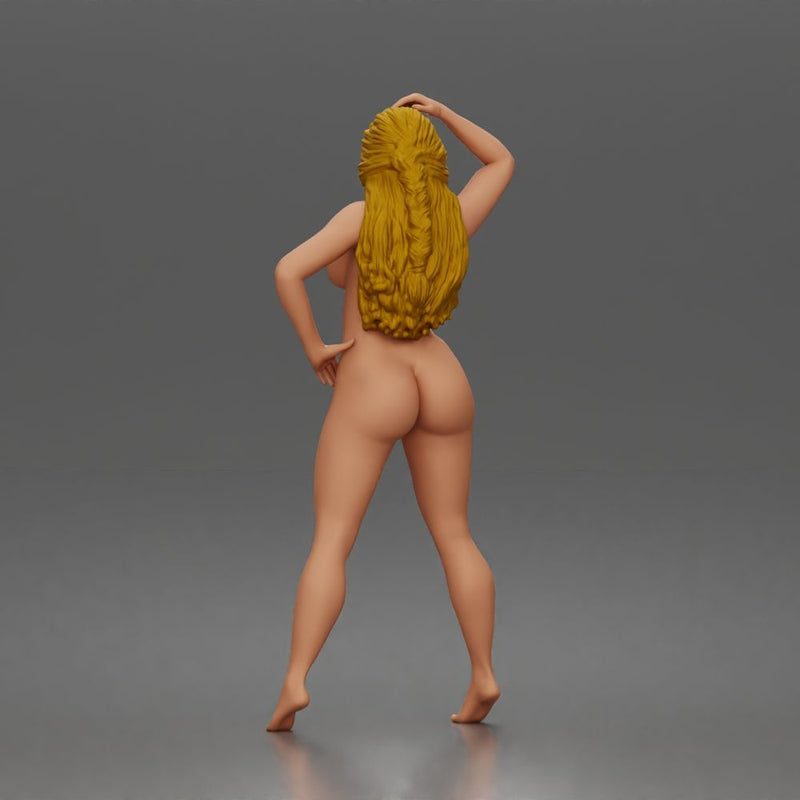 naked woman Standing touches hair bare skin legs bare feet