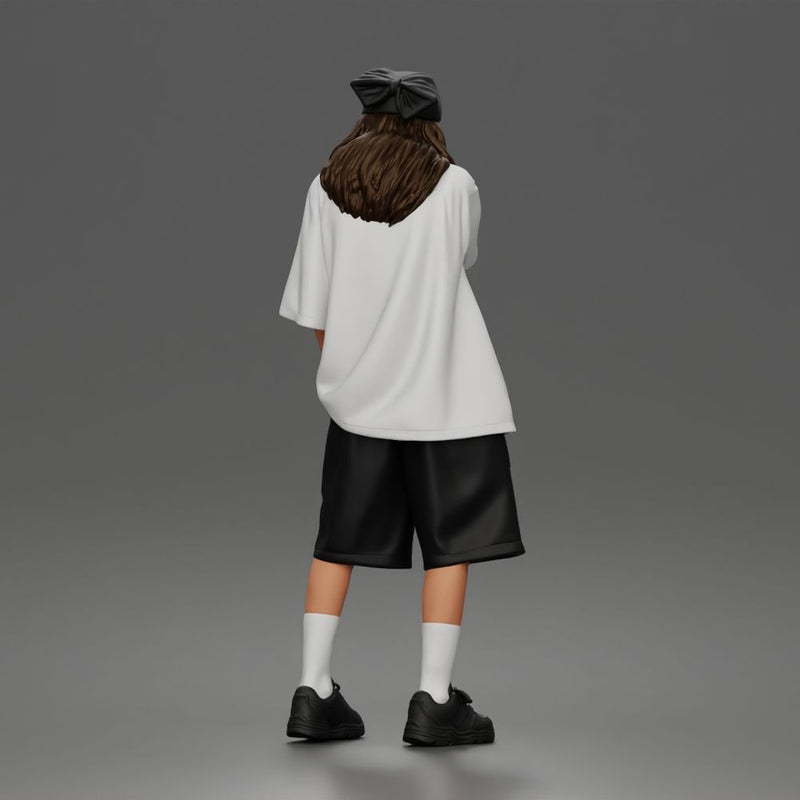 Standing Pointing In Baggy Tee Shorts Long Socks Sneakers Beanie