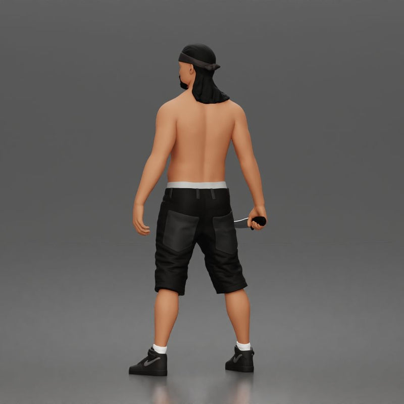 gangster stands holding knife wearing shorts sneakers headband - Only-Games