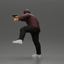 Hooded gangster man sits on motorcycle aiming a pistol with determination - Only-Games