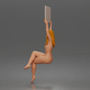 Naked Woman Holding Blank Sign Overhead Seated Pose