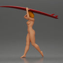 naked woman in carrying a red surfboard on her shoulders - Only-Games