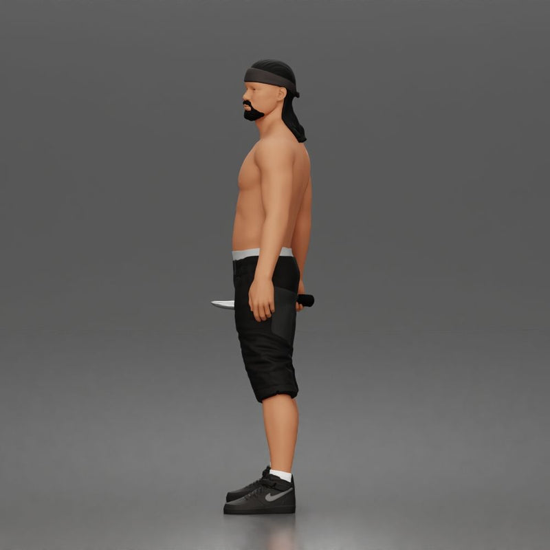 gangster stands holding knife wearing shorts sneakers headband - Only-Games