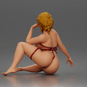 Thoughtful woman sits cross legged wearing strappy harness lingerie set - Only-Games