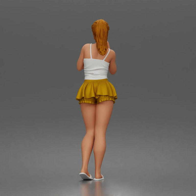 woman Drinking In Camisole Ruffled Mini Skirt Slides