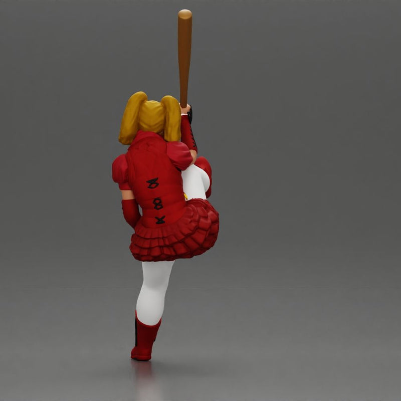 woman in red outfit sitting on a motorcycle holding a baseball bat - Only-Games