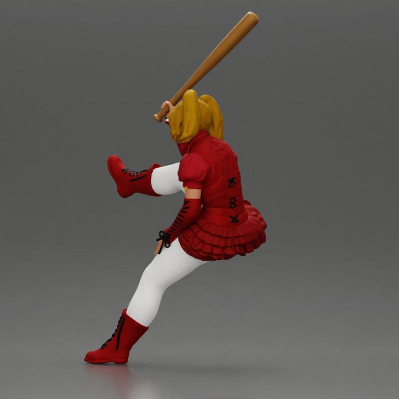 woman in red outfit sitting on a motorcycle holding a baseball bat - Only-Games