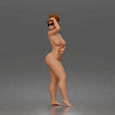Naked standing woman shields eyes wearing sunglasses earrings flip flops