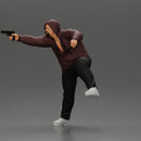 Hooded gangster man sits on motorcycle aiming a pistol with determination - Only-Games