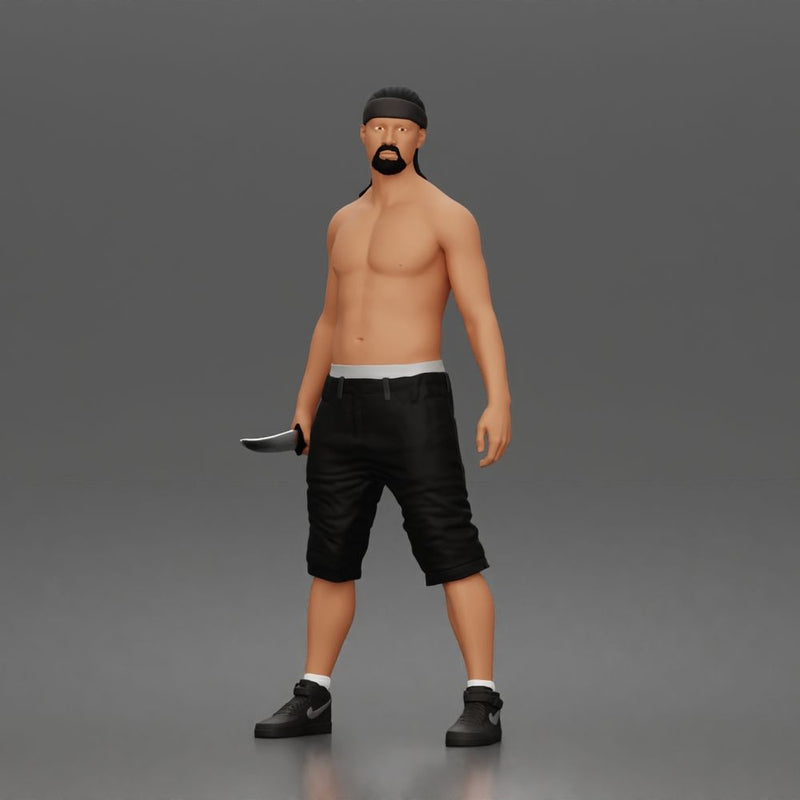 gangster stands holding knife wearing shorts sneakers headband - Only-Games
