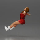 Woman in red outfit stretching arms wide while sitting on motorcycle - Only-Games