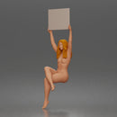 Naked Woman Holding Blank Sign Overhead Seated Pose