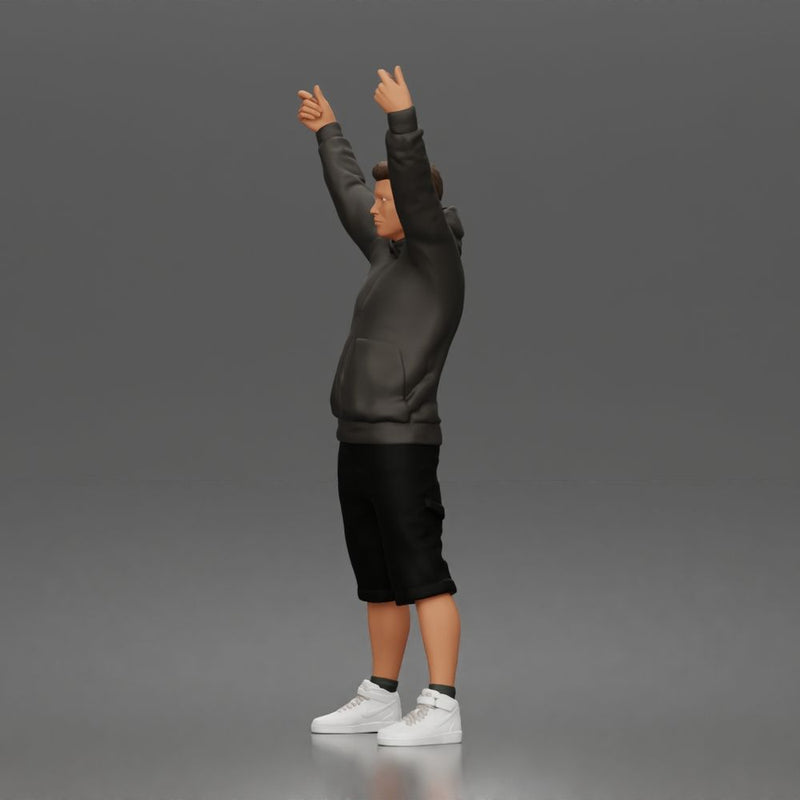 Casual protester holding blank banner wearing hoodie shorts and sneakers - Only-Games