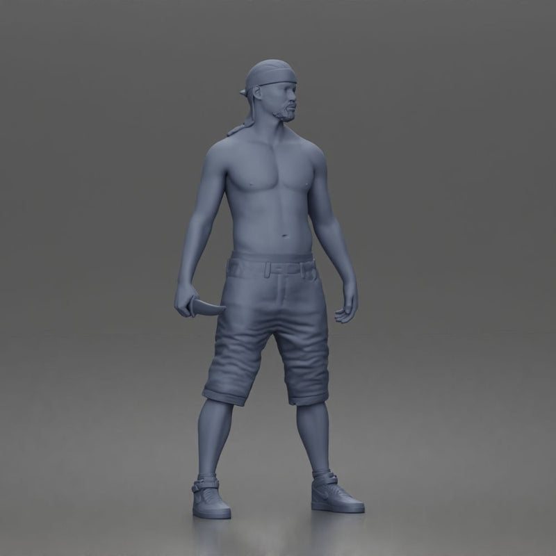 gangster stands holding knife wearing shorts sneakers headband - Only-Games