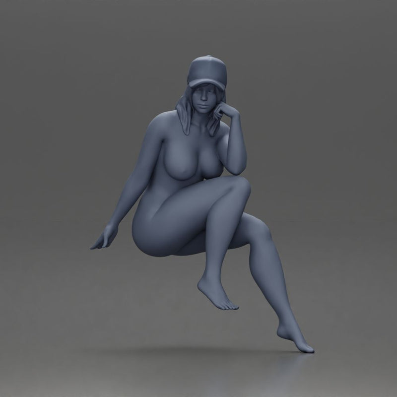 Naked Woman in Cap Sitting Thoughtfully in Relaxed Pose - Only-Games