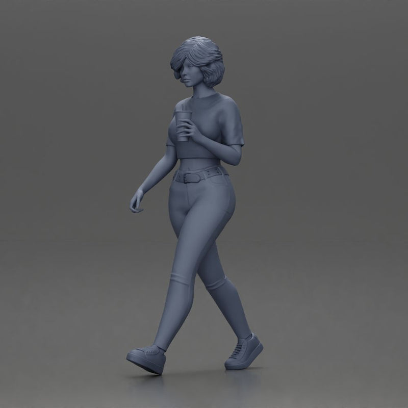 Woman strolls sipping beverage wearing crop top belted pants sneakers - Only-Games