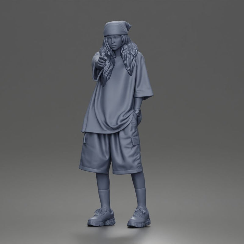 Standing Pointing In Baggy Tee Shorts Long Socks Sneakers Beanie