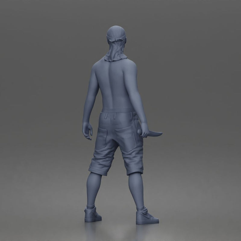 gangster stands holding knife wearing shorts sneakers headband - Only-Games