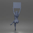 Naked Woman Holding Blank Sign Overhead Seated Pose