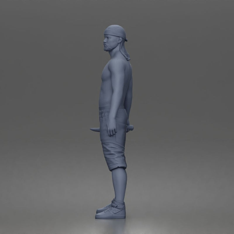 gangster stands holding knife wearing shorts sneakers headband - Only-Games