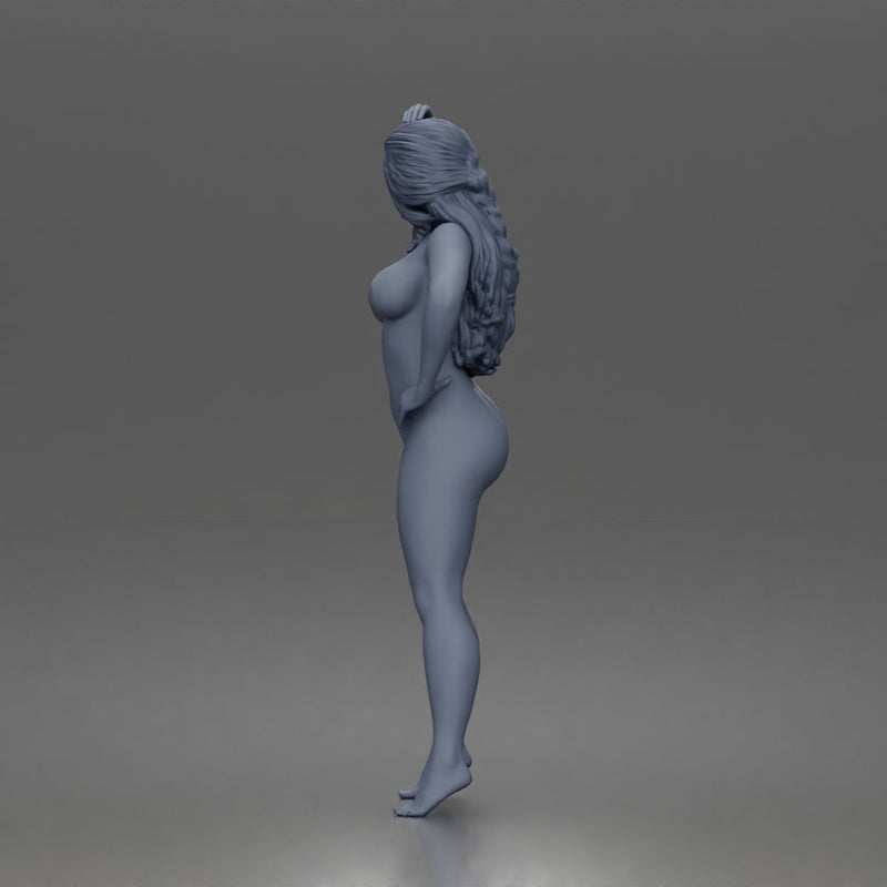 naked woman Standing touches hair bare skin legs bare feet