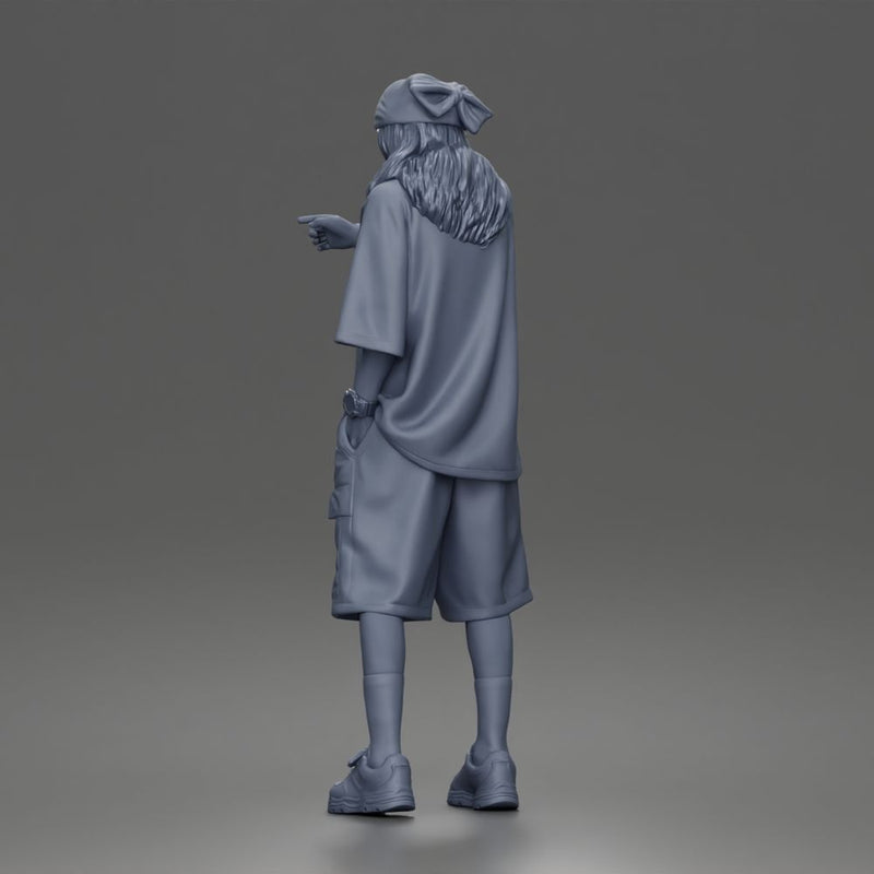 Standing Pointing In Baggy Tee Shorts Long Socks Sneakers Beanie