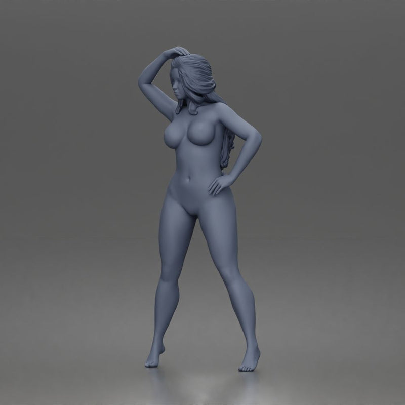 naked woman Standing touches hair bare skin legs bare feet