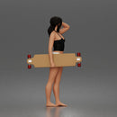 Standing woman holding skateboard wearing halter top and panties