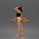 Standing woman holding skateboard wearing halter top and panties