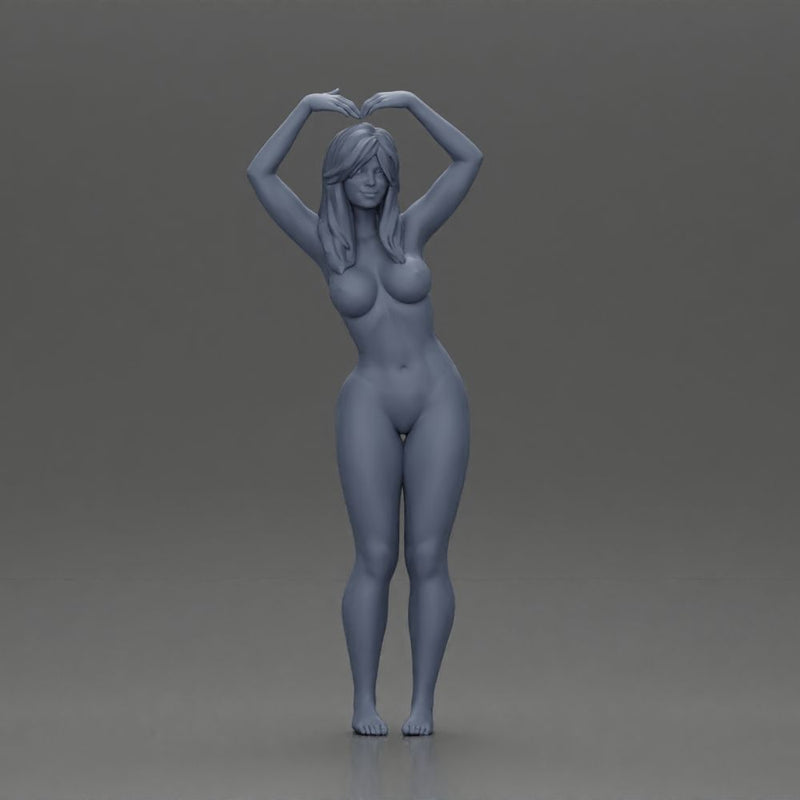 naked woman striking a heart-shaped pose with joyful energy - Only-Games