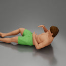 Man in green shorts reclining back raising hands with calm expression - Only-Games