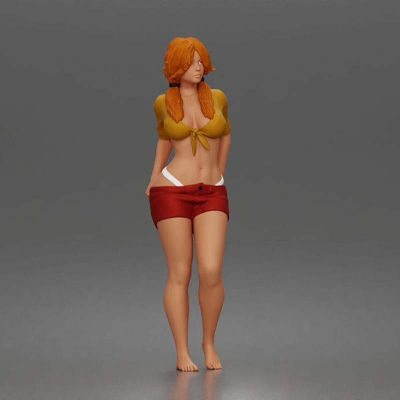 Confident woman adjusting shorts standing barefoot in relaxed casual summer pose - Only-Games