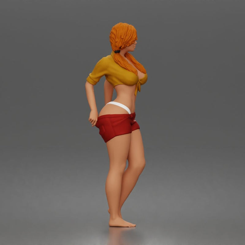 Confident woman adjusting shorts standing barefoot in relaxed casual summer pose - Only-Games