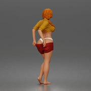 Confident woman adjusting shorts standing barefoot in relaxed casual summer pose - Only-Games