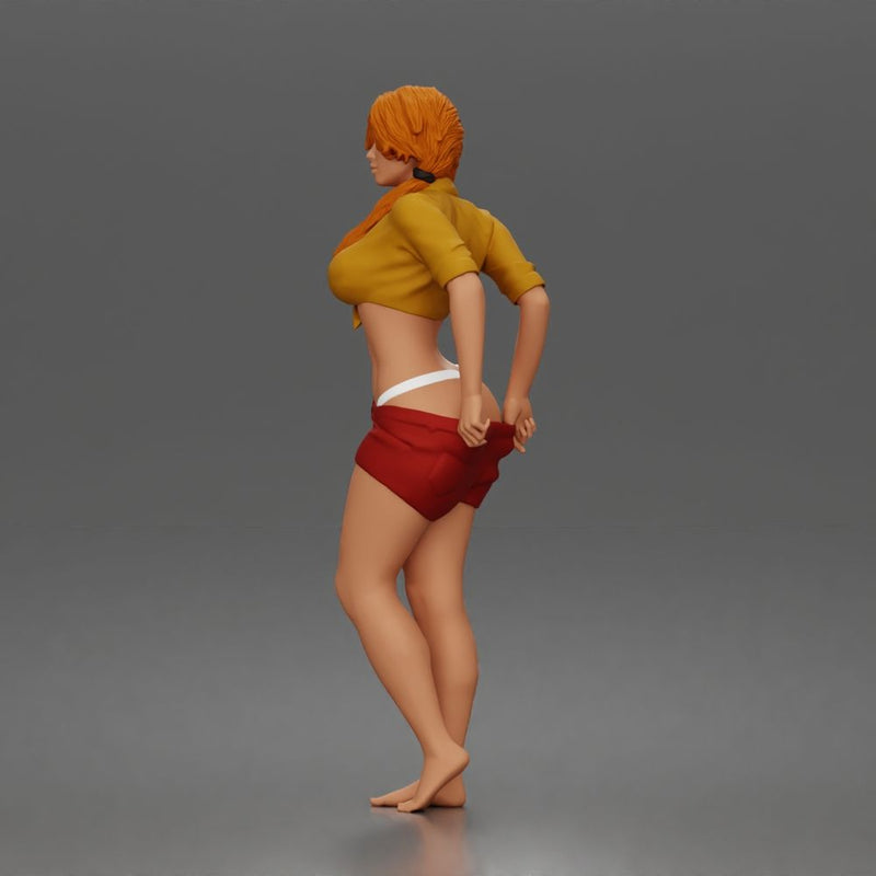 Confident woman adjusting shorts standing barefoot in relaxed casual summer pose - Only-Games