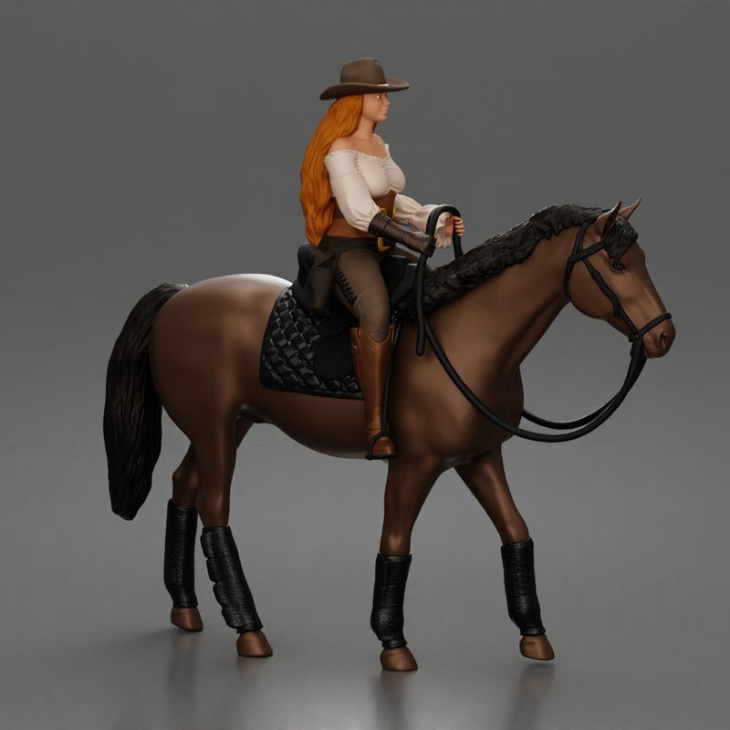 Cowgirl with hat riding calmly on horse enjoying a peaceful countryside journey - Only-Games