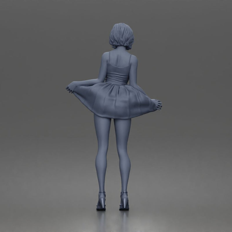 Cheerful girl twirling skirt playfully posing confidently in strappy heels - Only-Games