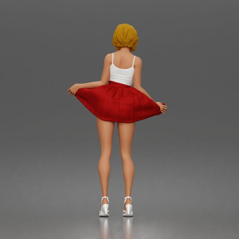 Cheerful girl twirling skirt playfully posing confidently in strappy heels - Only-Games