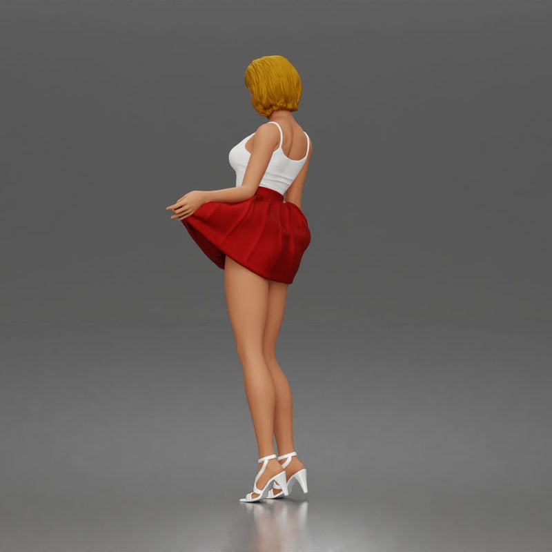Cheerful girl twirling skirt playfully posing confidently in strappy heels - Only-Games